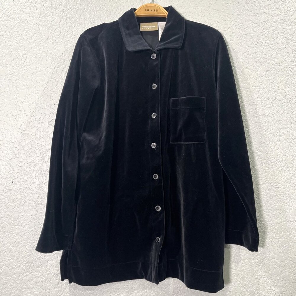 Liz Claiborne Velvet Shirt Womens M Black‎ Button Down Long Sleeve Evening Chic